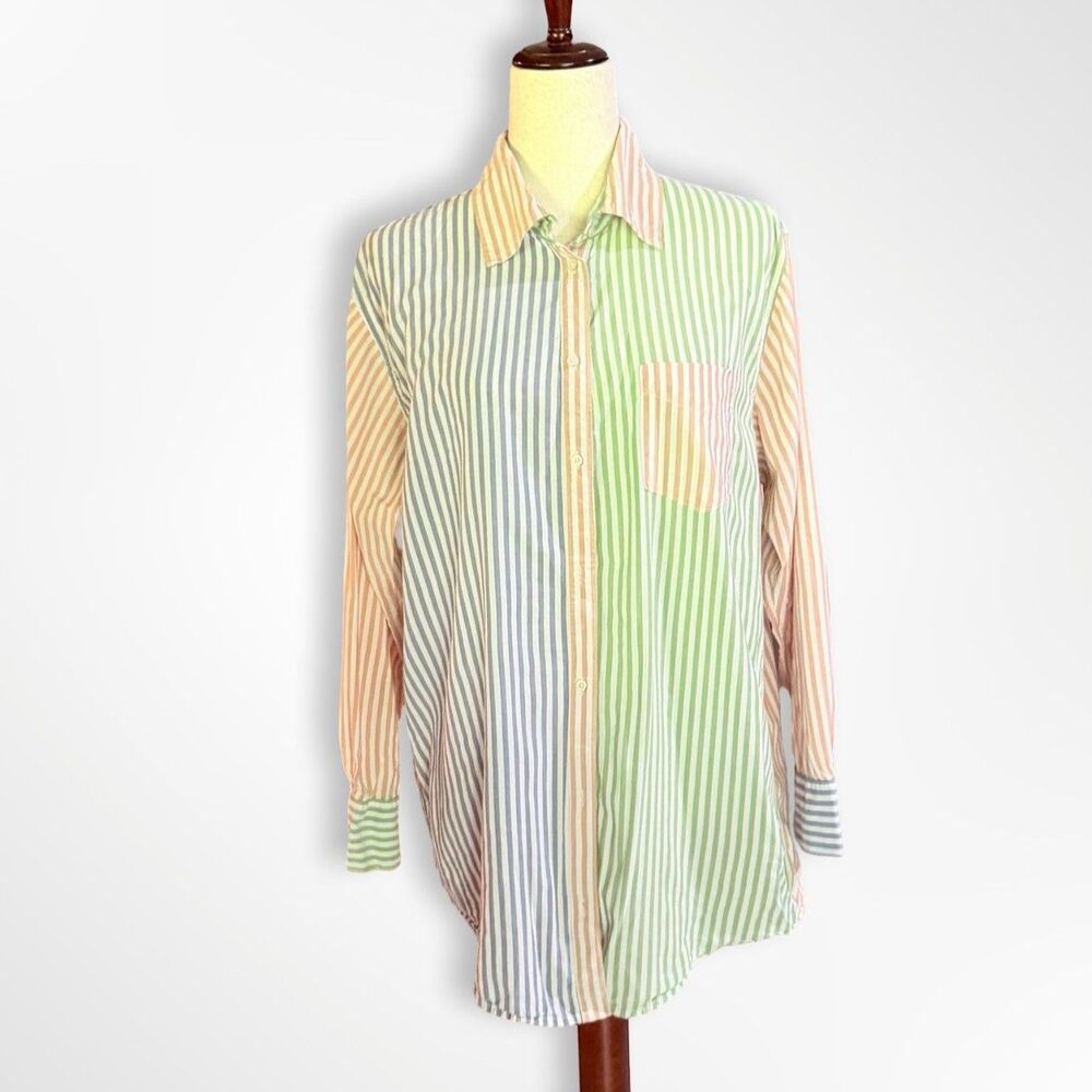 Aerie Striped Colorblock Oversized Button-Down Shirt, S Preppy